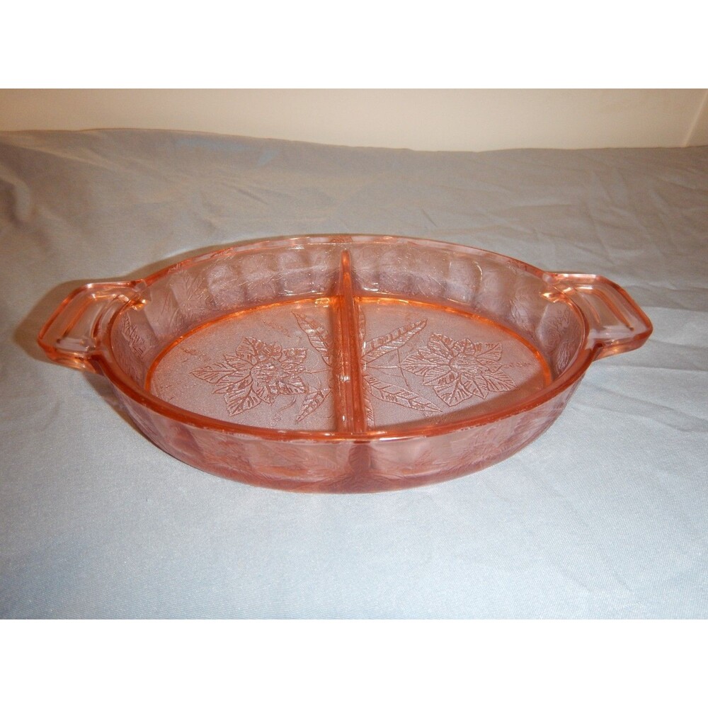 Jeannette Floral Poinsettia Pink Depression Glass Divided Relish Dish 1930s